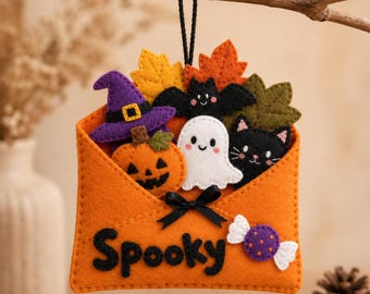 Gruselige Halloween-Umschlag-Nähvorlage aus Filz, Geisterkatze-Fledermaus-Wandbehang (PDF), Nähprojekt für Anfänger, DIY-Deko