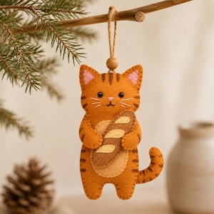 Vilt kat naaipatroon, brood kat ornament pdf-patroon, bakkerijvilt ambacht, beginner naaiproject, doe-het-decor