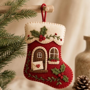 Peut inclure: Une décoration de Noël en feutrine rouge en forme de chaussette avec un revers crème brodé de feuilles de houx vertes et de baies rouges. Elle présente une porte marron avec une enveloppe blanche et un cœur rouge, une fenêtre et du houx.