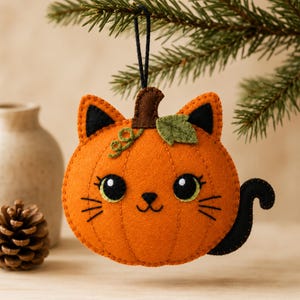 May include: A felt hanging ornament shaped like a pumpkin with a cat face. The orange pumpkin features a brown stem, a green leaf, and a curly vine. The cat face has black ears, large eyes with white highlights, a small nose, and whiskers.