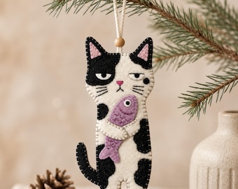 Felt Cat Sewing Pattern, Fish Cat Ornament PDF Pattern, Funny Felt Craft, Beginner Sewing Project, DIY Decor