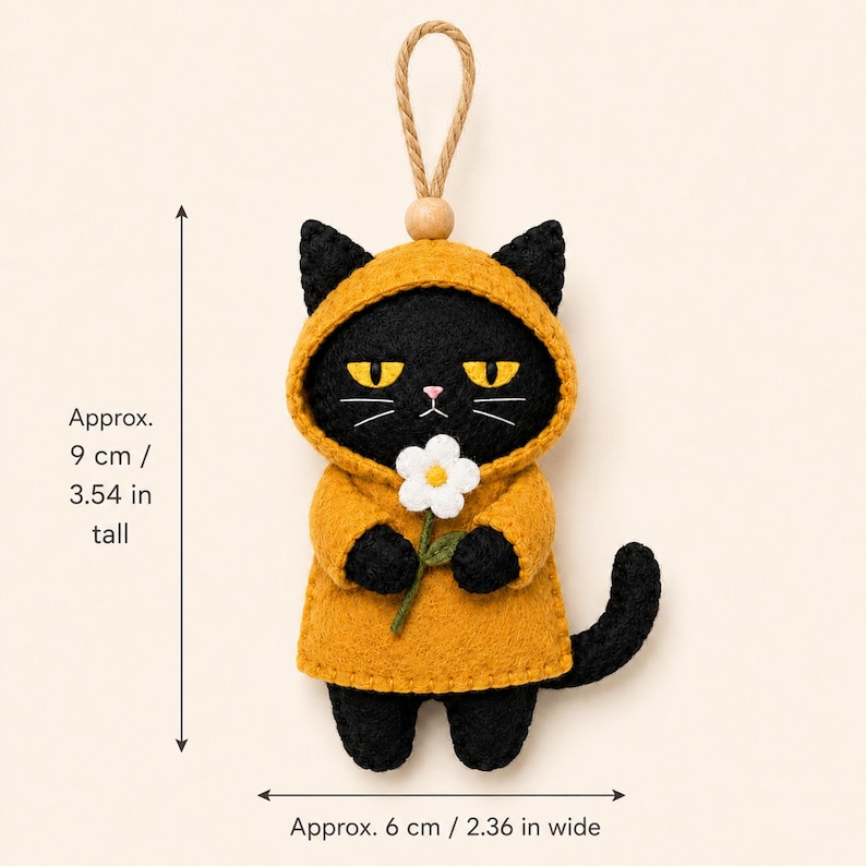 May include: A black felt cat ornament wearing a mustard yellow hooded raincoat and holding a white flower. It features a jute hanging loop with a wooden bead. The ornament measures approximately 3.54 inches tall and 2.36 inches wide as indicated.