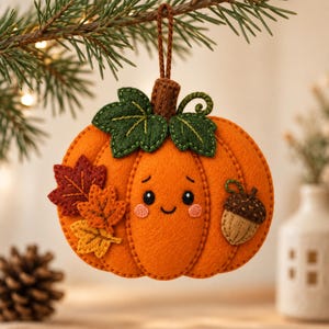 May include: A felt pumpkin ornament featuring a smiling face with pink cheeks, two dark green leaves, a brown stem, and a hanging loop. The pumpkin is decorated with three layered autumn leaves in red, orange, and yellow, and a small brown acorn.