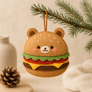 Patrón de costura de fieltro de oso hamburguesa, patrón de adorno de hamburguesa en PDF, divertida manualidad de comida en fieltro, proyecto de costura para principiantes, decoración DIY