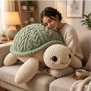 May include: A large, handmade crochet turtle pillow in soft green and cream colors. The turtle has a textured shell with button details and a smiling face. The plush toy is resting on a beige sofa.