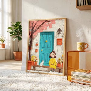 Whimsical Spring Scene | Cozy Girl And Cat Art | Trendy Gallery Wall Decor | Dreamy Pastel Aesthetic Illustration | Digital Download