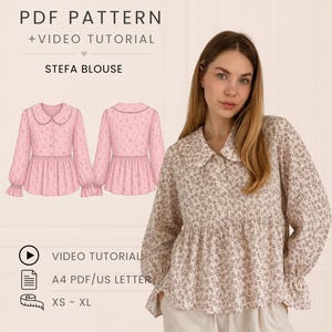 Peut inclure: Un patron PDF et tutoriel vidéo pour le chemisier Stefa, présentant un chemisier à manches longues à motif floral avec col et taille froncée. Le fichier numérique inclut les formats A4 et US letter pour les tailles XS à XL, avec une illustration du design.