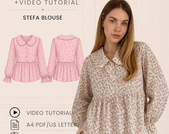 Könnte beinhalten: Ein PDF-Schnittmuster und Video-Tutorial für die Stefa-Bluse, bestehend aus einer langärmeligen Bluse mit Blumenmuster, Kragen und geraffter Taille. Die digitale Datei enthält A4- und US-Letter-Formate für die Größen XS bis XL sowie eine Illustration des Designs.