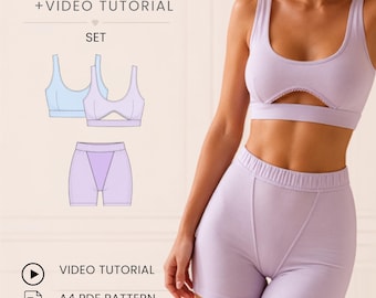 Könnte beinhalten: Ein PDF-Schnittmuster und Video-Tutorial-Set für ein zweiteiliges Outfit in Lavendel. Das Set enthält ein Sport-Top mit Rundhalsausschnitt und Front-Ausschnitt sowie eine hoch taillierte Shorts mit vertikalen Nähten. Text: PDF PATTERN.