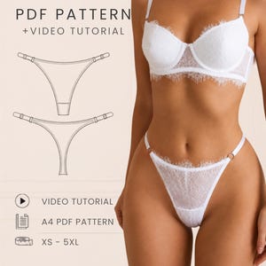 Puede incluir: Un conjunto de lencería de encaje blanco con sujetador y tanga con ribete de pestañas. La imagen incluye el texto: PDF PATTERN + VIDEO TUTORIAL, VIDEO TUTORIAL, A4 PDF PATTERN, XS - 5XL, OLI PATTERN y un dibujo técnico lineal del tanga.