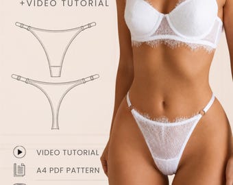 Könnte beinhalten: Ein weißes Spitzen-Dessous-Set bestehend aus einem BH und einem Tanga mit zarter Wimpernspitzen-Borte. Das Bild enthält den Text: PDF PATTERN + VIDEO TUTORIAL, VIDEO TUTORIAL, A4 PDF PATTERN, XS - 5XL, OLI PATTERN und eine technische Skizze.