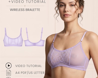 May include: A lavender wireless bralette featuring sheer mesh panels and floral lace detailing. The image includes text: PDF PATTERN + VIDEO TUTORIAL, WIRELESS BRALETTE, VIDEO TUTORIAL, A4 PDF/US LETTER, XS - XL, and OLI PATTERN, with diagrams.