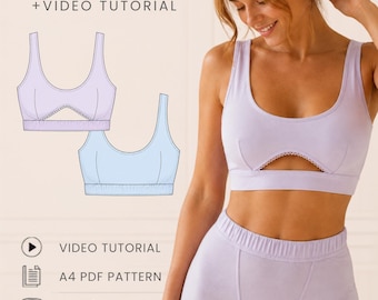 May include: A PDF pattern and video tutorial for a lavender crop top with a cutout detail and matching shorts. The set includes a scoop neck top with a decorative trim and high-waisted shorts. Text includes PDF PATTERN, VIDEO TUTORIAL, and OLI PATTERN.