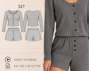 Könnte beinhalten: Ein PDF-Schnittmuster und Video-Tutorial für ein zweiteiliges Set, bestehend aus einem langärmeligen, gerippten Oberteil mit Knopfleiste und passender Shorts mit Knopfdetail. Der Text lautet PDF PATTERN + VIDEO TUTORIAL, SET, VIDEO TUTORIAL, A4 | A0 | US LETTER, OLI PATTERN.