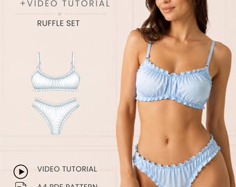 Könnte beinhalten: Ein hellblaues zweiteiliges Lingerie-Set mit einem gerüschten Bralette und passendem hoch geschnittenem Slip mit Rüschen. Das Bild enthält den Text PDF PATTERN + VIDEO TUTORIAL, RUFFLE SET, VIDEO TUTORIAL, A4 PDF PATTERN und OLI PATTERN.