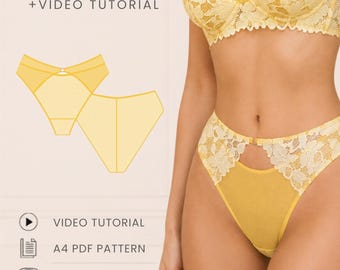 Könnte beinhalten: Ein gelbes Spitzen-Bralette und ein passender hoch geschnittener Slip mit mittigem Ausschnitt. Das Bild enthält den Text PDF PATTERN + VIDEO TUTORIAL, A4 PDF PATTERN, XS - 5XL und OLI PATTERN sowie eine technische Strichzeichnung des Kleidungsstücks.