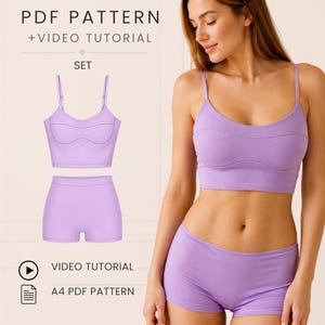 May include: A lavender two-piece set consisting of a cropped camisole top with thin straps and matching shorts. The text PDF PATTERN + VIDEO TUTORIAL, VIDEO TUTORIAL, A4 PDF PATTERN, and OLI PATTERN are visible. The set features a clean, solid color design.