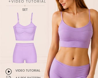 Könnte beinhalten: Ein lavendelfarbenes zweiteiliges Set bestehend aus einem bauchfreien Camisole-Top mit dünnen Trägern und passender Shorts. Der Text PDF PATTERN + VIDEO TUTORIAL, VIDEO TUTORIAL, A4 PDF PATTERN und OLI PATTERN ist sichtbar. Das Set ist einfarbig gehalten.