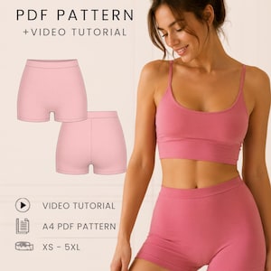 May include: A PDF pattern and video tutorial for a matching set consisting of a scoop-neck crop top and high-waisted shorts. The text reads PDF PATTERN + VIDEO TUTORIAL, VIDEO TUTORIAL, A4 PDF PATTERN, XS - 5XL, and OLI PATTERN. The set is pink.