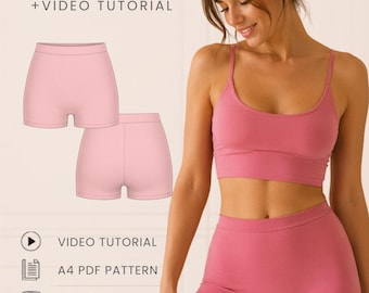 May include: A PDF pattern and video tutorial for a matching set consisting of a scoop-neck crop top and high-waisted shorts. The text reads PDF PATTERN + VIDEO TUTORIAL, VIDEO TUTORIAL, A4 PDF PATTERN, XS - 5XL, and OLI PATTERN. The set is pink.