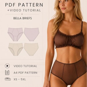 Peut inclure: Un patron PDF et un tutoriel vidéo pour les Bella Briefs, comprenant une brassière à volants marron et une culotte taille haute. Le document numérique inclut des patrons A4 pour les tailles XS à 5XL avec des illustrations techniques.
