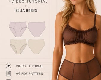 Könnte beinhalten: Ein PDF-Schnittmuster und Video-Tutorial für Bella Briefs, bestehend aus einem braunen, gerüschten Bralette und einem hoch taillierten Slip. Das digitale Dokument enthält A4-Schnittmuster für die Größen XS bis 5XL mit technischen Skizzen.