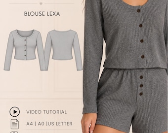 Könnte beinhalten: Ein PDF-Schnittmuster und Video-Tutorial für die Bluse Lexa, bestehend aus einem langärmeligen, gerippten, anthrazitfarbenen Oberteil mit Knopfleiste und passender Shorts. Das Bild zeigt technische Skizzen, die Größen XS-2XL sowie A4, A0 und US Letter.