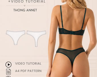 Könnte beinhalten: Ein dunkelgrüner Tanga und ein passender BH mit dünnen Trägern. Das Bild enthält den Text: PDF PATTERN + VIDEO TUTORIAL, THONG ANNET, VIDEO TUTORIAL, A4 PDF PATTERN, XS - 5XL und OLI PATTERN. Eine weiße Strichzeichnung des Tangas ist abgebildet.