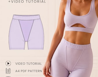 Könnte beinhalten: Ein PDF-Schnittmuster und Video-Tutorial für ein hellviolettes zweiteiliges Set, bestehend aus einem bauchfreien Oberteil mit Rundhalsausschnitt und Cut-out-Detail sowie einer hoch taillierten Radlerhose. Text: PDF PATTERN, VIDEO TUTORIAL, A4 PDF PATTERN, XS - 5XL, OLI PATTERN.
