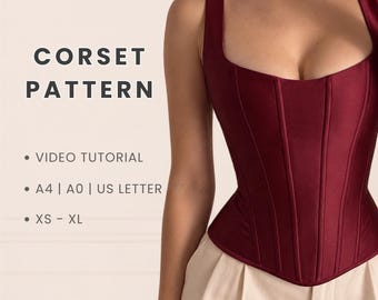 Schnittmuster für ein langes Korsett (PDF) | Korsett mit Trägern | Schnürung am Rücken | Eckiger Ausschnitt | Taillenformung | Größen: XS–XL | Formate: A4, A0, US Letter