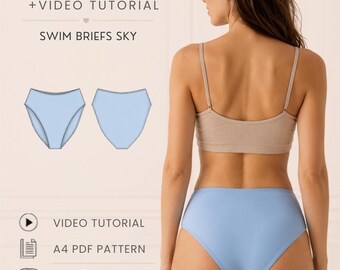 Könnte beinhalten: Ein PDF-Schnittmuster und Video-Tutorial für himmelblaue Badehosen. Das Bild zeigt den Text PDF PATTERN + VIDEO TUTORIAL, SWIM BRIEFS SKY, VIDEO TUTORIAL, A4 PDF PATTERN, XS - 5XL und OLI PATTERN sowie eine Illustration einer hellblauen Badehose.