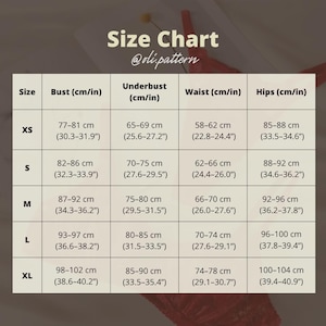 May include: A beige size chart table titled Size Chart @oli.pattern with columns for Bust, Underbust, Waist, and Hips in both cm and inches. The rows list sizes XS, S, M, L, and XL with corresponding numerical measurement ranges for each body area.