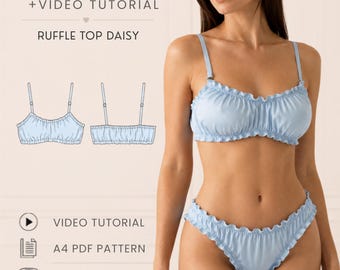 May include: A light blue ruffle top and matching bottom set with thin adjustable straps. The text reads PDF PATTERN + VIDEO TUTORIAL, RUFFLE TOP DAISY, VIDEO TUTORIAL, A4 PDF PATTERN, XS - XL, and OLI PATTERN. Includes a technical line drawing.