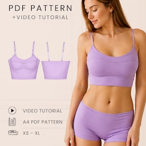 Mönster för sömnad av cami-topp i PDF-format | Inbyggd BH-kupa | Dubbelt lager | Bastopp för sport och hem | Utskrivbar i A4-format | Digital nedladdning | XS-XL
