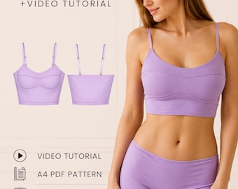 May include: A lavender crop top with thin straps and matching shorts. The image includes text reading PDF PATTERN + VIDEO TUTORIAL, VIDEO TUTORIAL, A4 PDF PATTERN, XS - XL, and OLI PATTERN, showing front and back views of the lavender garment set.