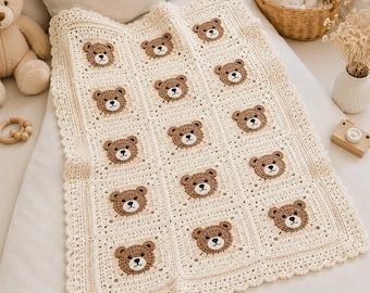 Patrón de manta de bebé a crochet, manta infantil cuadrada con diseño de osito de peluche y abuela (tutorial en PDF)