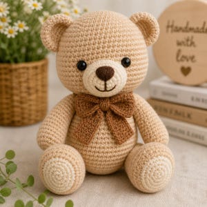 May include: A handmade, crocheted teddy bear in shades of beige and brown. The bear has a brown bow tie, black eyes, and a smiling face. The bear is sitting with its arms and legs outstretched. The background includes a basket of flowers and a wooden sign.