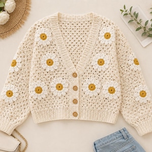 May include: Cream-colored crochet cardigan with a V-neck and daisy appliqués. The cardigan features a button-down front and long sleeves. The daisy flowers have white petals and yellow centers. The garment is made of a soft, open-weave material.
