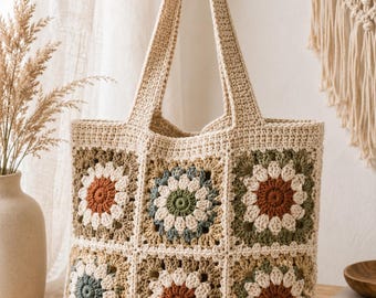 Tutoriel PDF pour modèle de sac fourre-tout carré bohème grand-mère pour un sac au crochet fait main