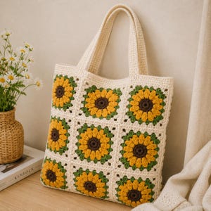 May include: Cream-colored crochet tote bag featuring a sunflower design. The bag has a rectangular shape with a square sunflower pattern in yellow, brown, and green. The bag has two handles for carrying.