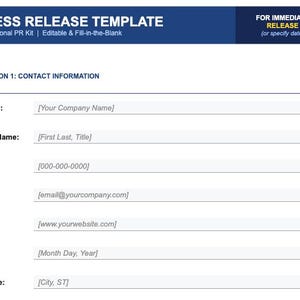 Puede incluir: Una plantilla de comunicado de prensa blanca con un encabezado azul que dice "PRESS RELEASE TEMPLATE". La plantilla incluye secciones para información de contacto, incluyendo nombre de la empresa, nombre de contacto, teléfono, correo electrónico, sitio web, fecha y ciudad/estado.