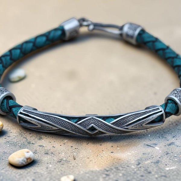 Pulsera de cuero hecha a mano - Pulsera de plata para hombre - Plata de ley 925k - Regalo para él - Diseño otomano turco