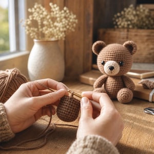 May include: A crocheted brown teddy bear sits on a wooden surface next to a person crocheting a similar item. The bear has a light brown muzzle and black eyes. A ball of brown yarn and a vase with dried flowers are in the background.