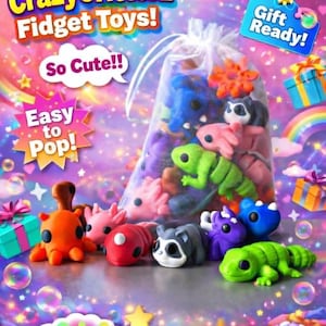 May include: An advertisement for "Adorable CrazyCritterz Fidget Toys!" showing various colourful animal-shaped fidget toys. Text includes "So Cute!!", "Easy to Pop!", "Gift Ready!", and "WOW! FREE GIFT WITH PURCHASE!" The toys are in a clear bag and scattered around.