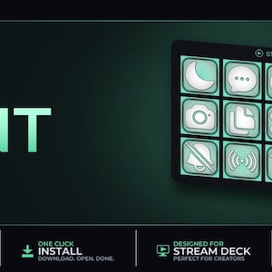 May include: Mint-colored graphic with the word "MINT" and a Stream Deck interface featuring various icons. The image highlights over 500 icons, designed for Stream Deck, and compatible with all models.