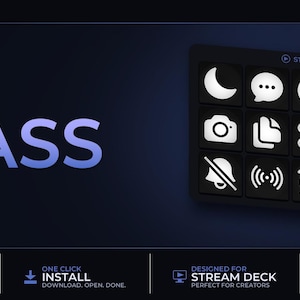 May include: A dark blue graphic with the word "GLASS" in large, light blue letters. To the right is a black Stream Deck with white icons. The image also includes text that says "500+ Icons" and "500+ Total Icons".