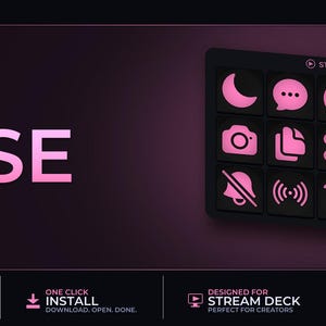 May include: A black Stream Deck with pink icons, including a moon, speech bubble, power button, and camera. The word "ROSE" is displayed in large pink letters. The image also includes the text "500+ Icons" and "Stream Deck".
