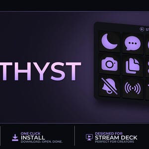 May include: A dark purple graphic with the word "AMETHYST" in a light purple font. The image also features a Stream Deck with illuminated icons and the text "500+ ICONS". Additional text includes "500+ TOTAL ICONS" and "DESIGNED FOR STREAM DECK".