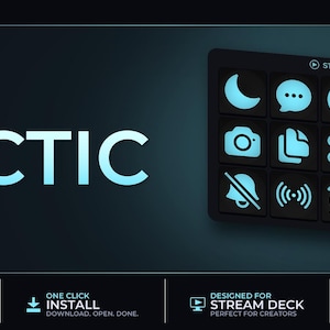 May include: A black Stream Deck with illuminated icons, including a moon, speech bubble, power symbol, and camera. The word "ARCTIC" is displayed in large, light blue letters. The image also includes the text "500+ ICONS".