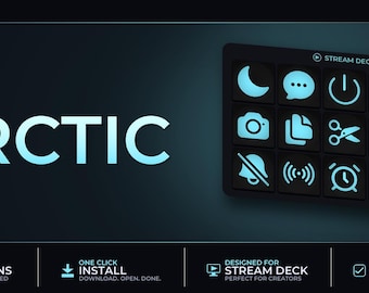 May include: A black Stream Deck with illuminated icons, including a moon, speech bubble, power symbol, and camera. The word "ARCTIC" is displayed in large, light blue letters. The image also includes the text "500+ ICONS".